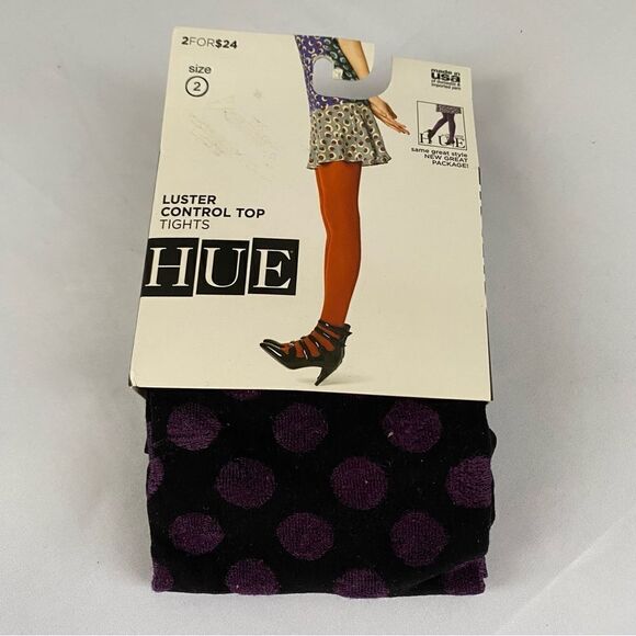 HUE Womens Luster Control Top Tights Violetta Black Purple Dots Size 2 - Picture 2 of 3